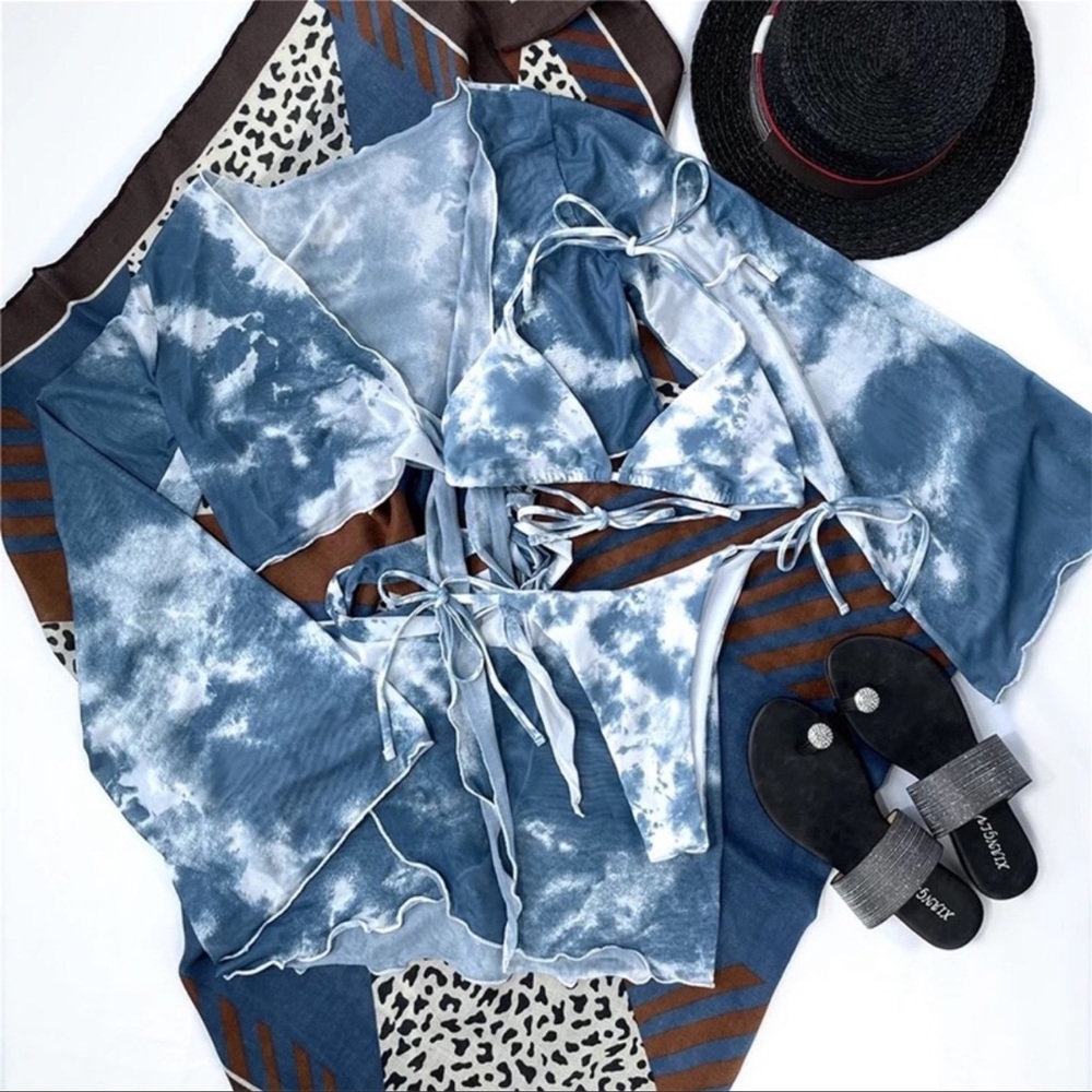 Baby Blue Boho Beachy Tie Dye 4 Piece Bikini Set - Picture 5 of 5